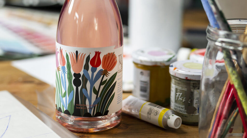 Artistic label of the Limited Edition Tramari Rosé celebrating Puglia's art and culture.